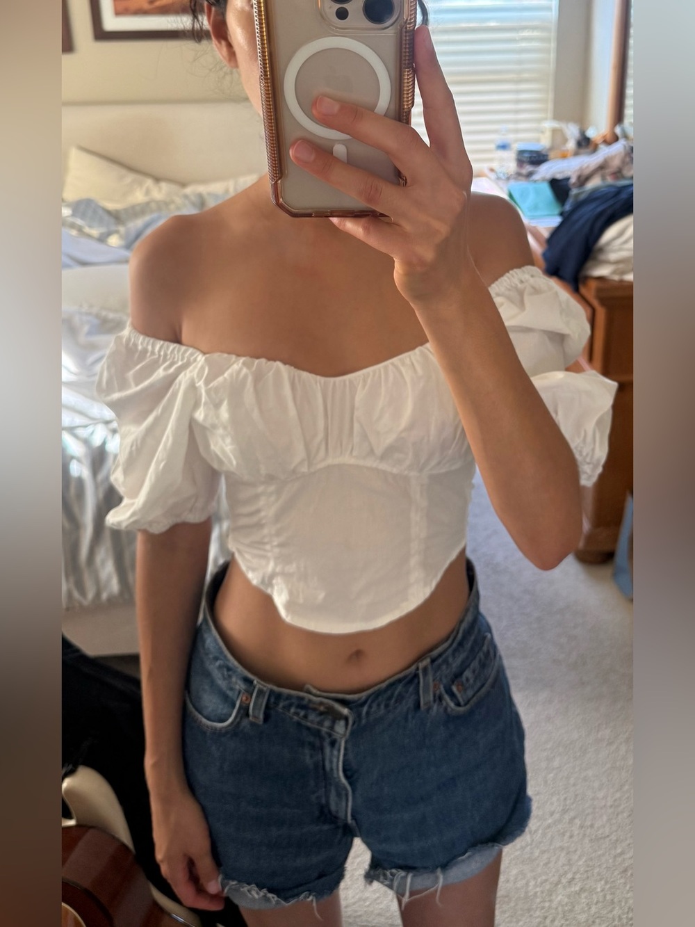 H&M White Puff-Sleeve Square Neck Crop Blouse